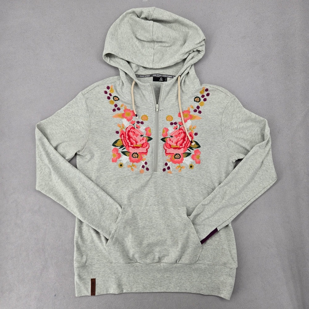 Ampersand Ave Women XXL Hoodie Gray Floral Embroidered Boho Quarter Zip Top